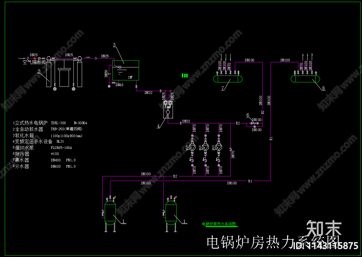 电锅炉房平面剖面热力系统cad施工图下载【ID:1143115875】