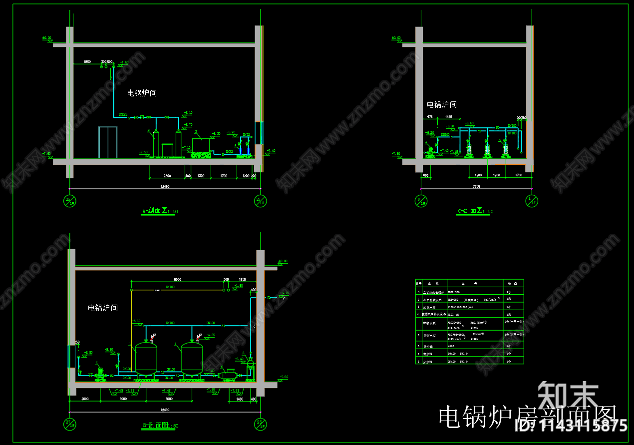 电锅炉房平面剖面热力系统cad施工图下载【ID:1143115875】