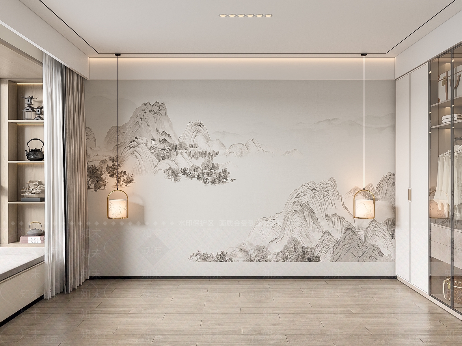 新中式卧室背景墙3D模型下载【ID:1143122969】