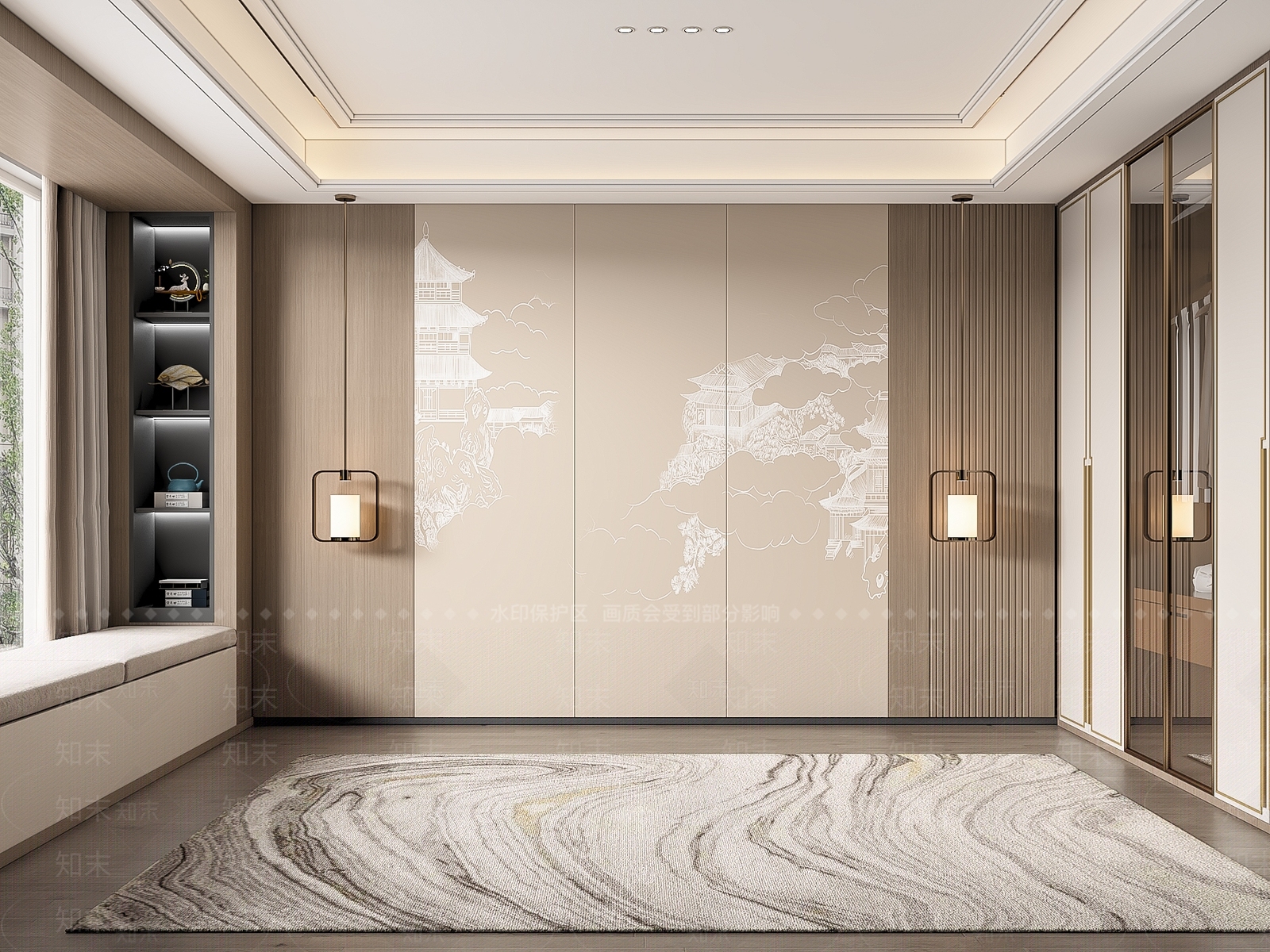 新中式卧室背景墙3D模型下载【ID:1143123105】_知末3d模型网