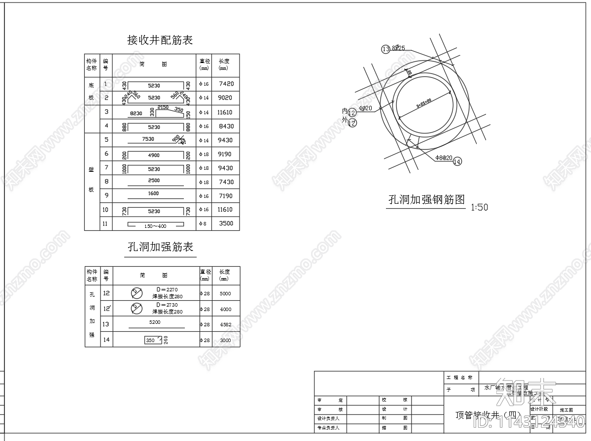 输水管道顶管工作井结构配筋cad施工图下载【ID:1143124340】