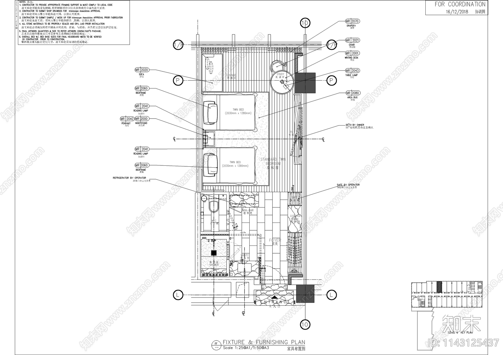 酒店双人客房室内装修cad施工图下载【ID:1143125437】