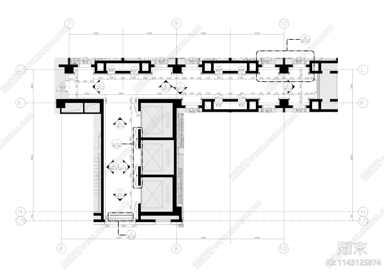 酒店公区客房走廊装修cad施工图下载【ID:1143125874】