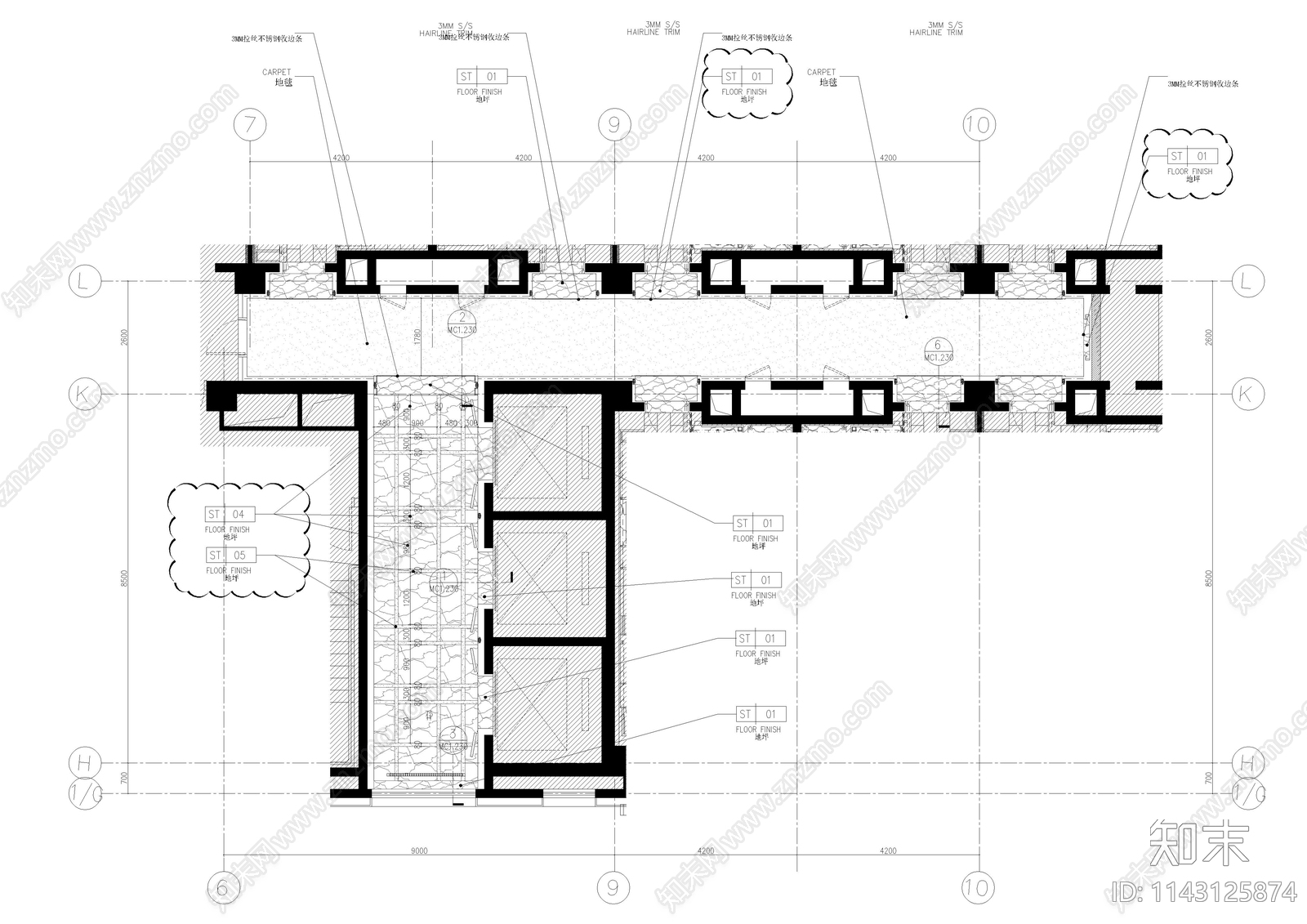 酒店公区客房走廊装修cad施工图下载【ID:1143125874】