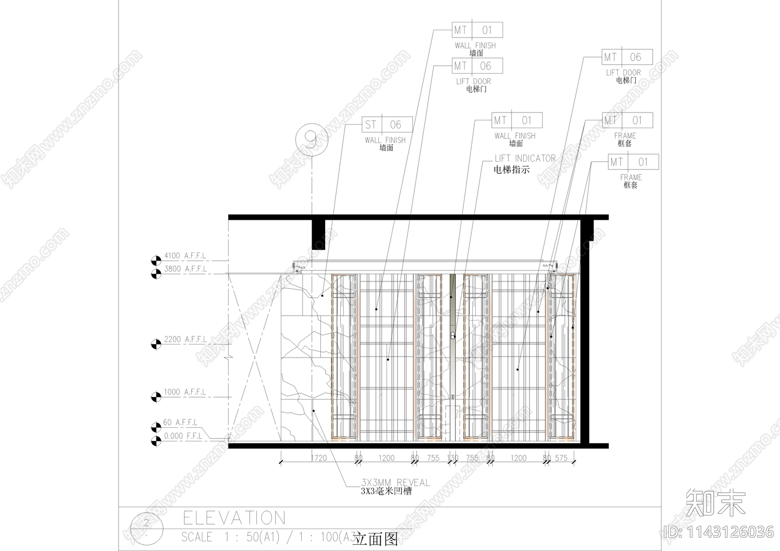 酒店电梯厅装修cad施工图下载【ID:1143126036】