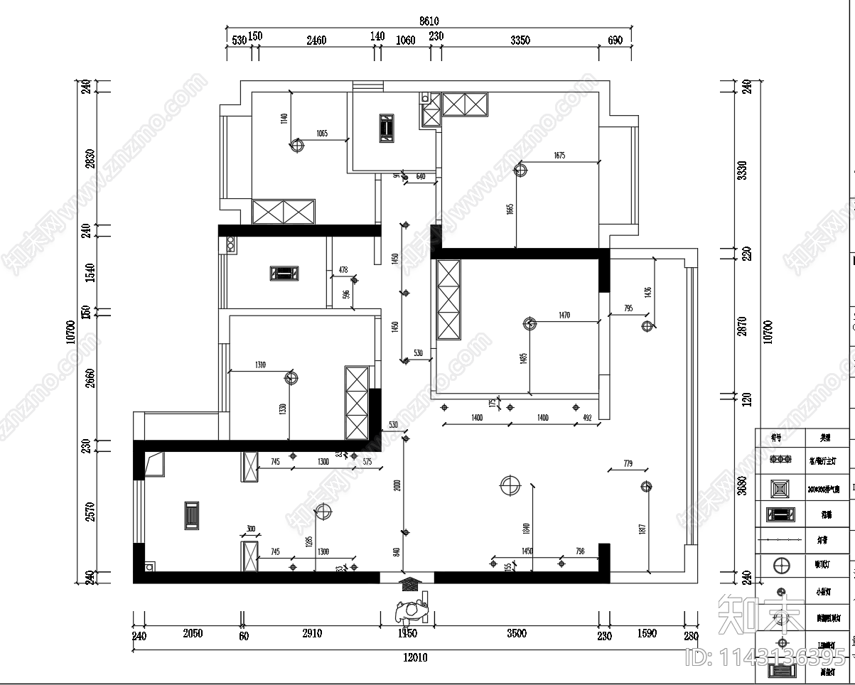 100㎡四居室家装平层cad施工图下载【ID:1143136395】