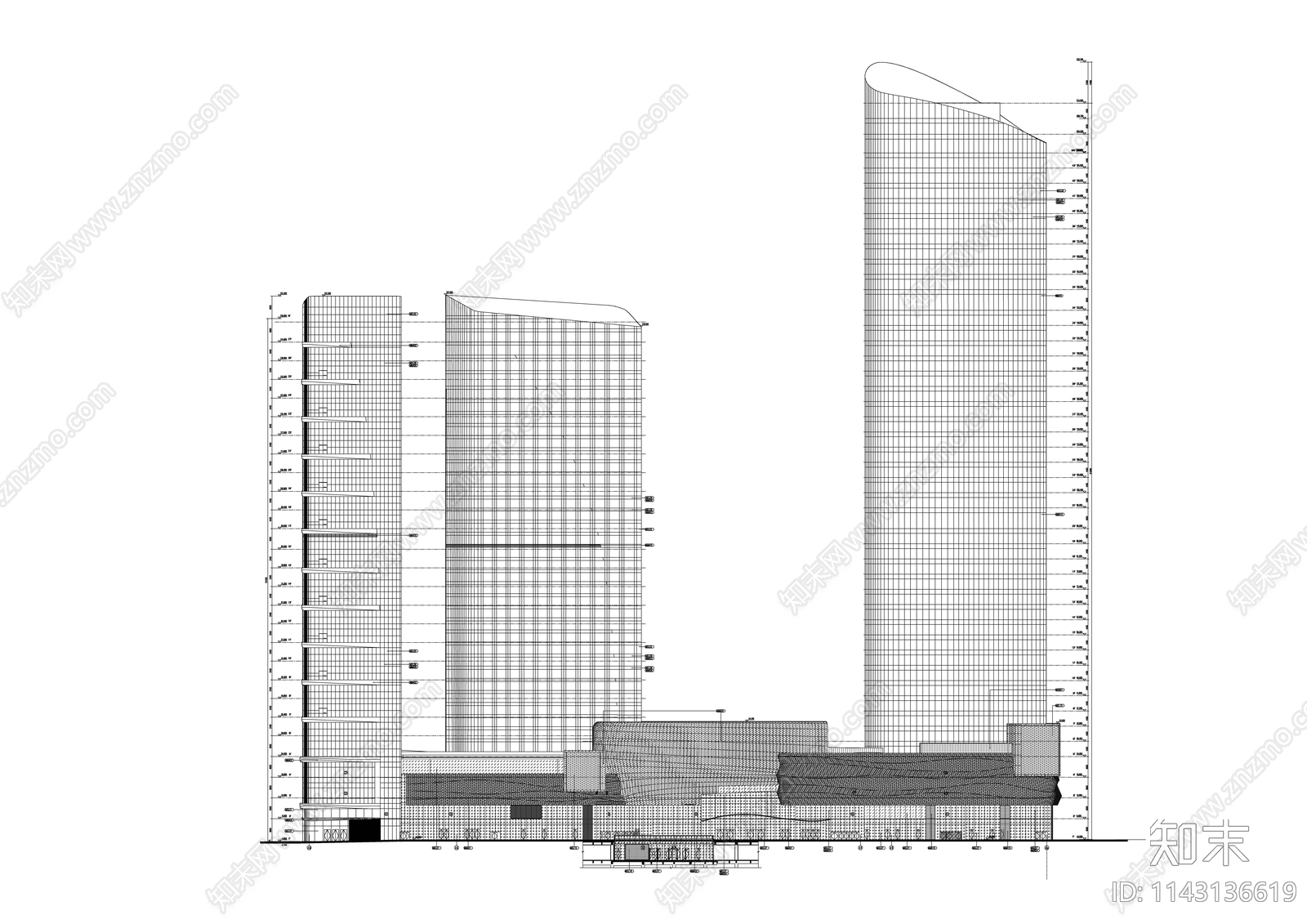 超高层现代风商业综合体建筑cad施工图下载【ID:1143136619】