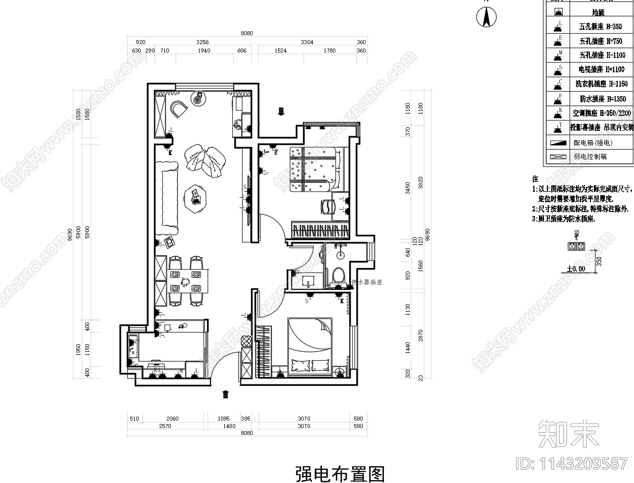 60㎡平层家装室内cad施工图下载【ID:1143209587】