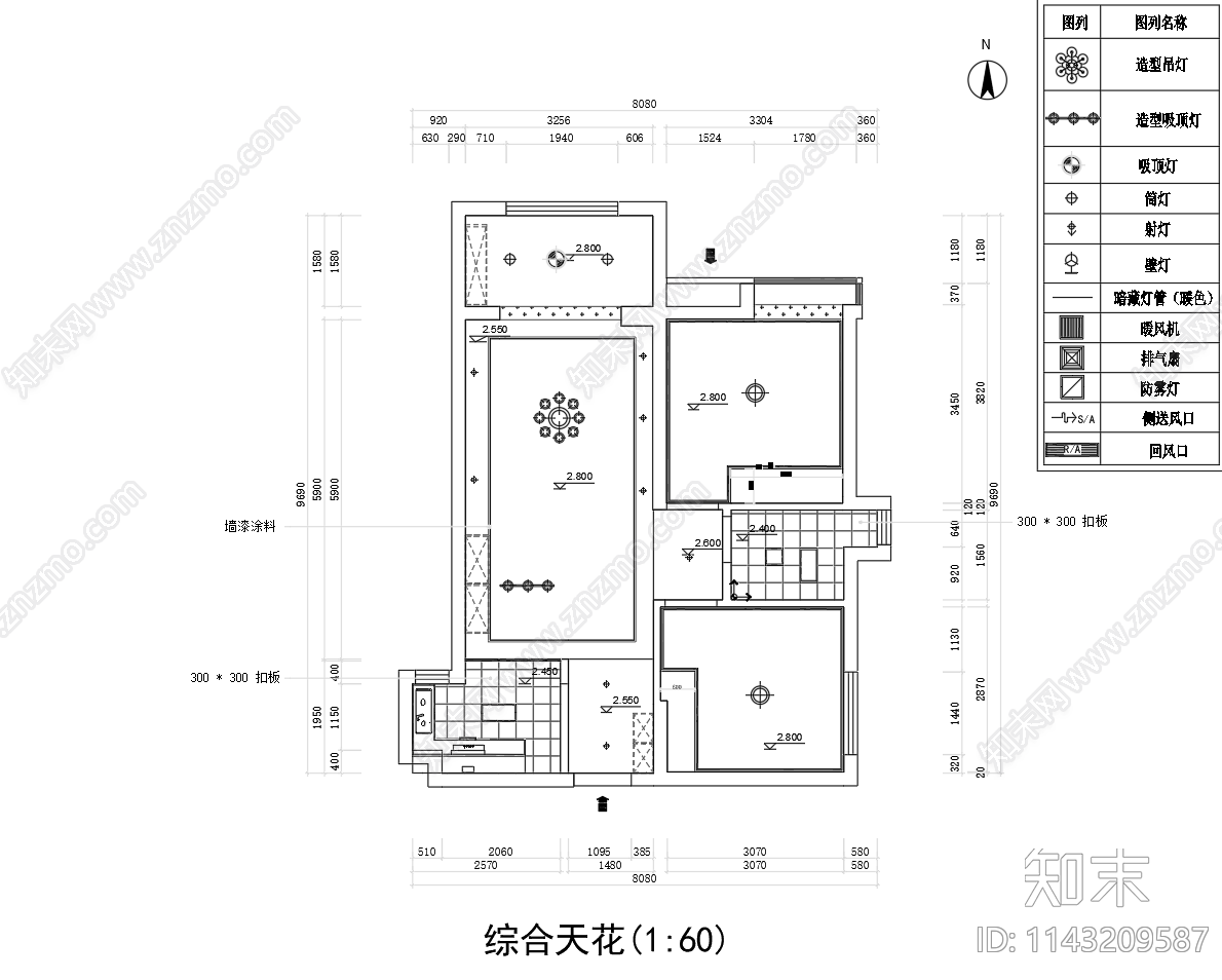 60㎡平层家装室内cad施工图下载【ID:1143209587】