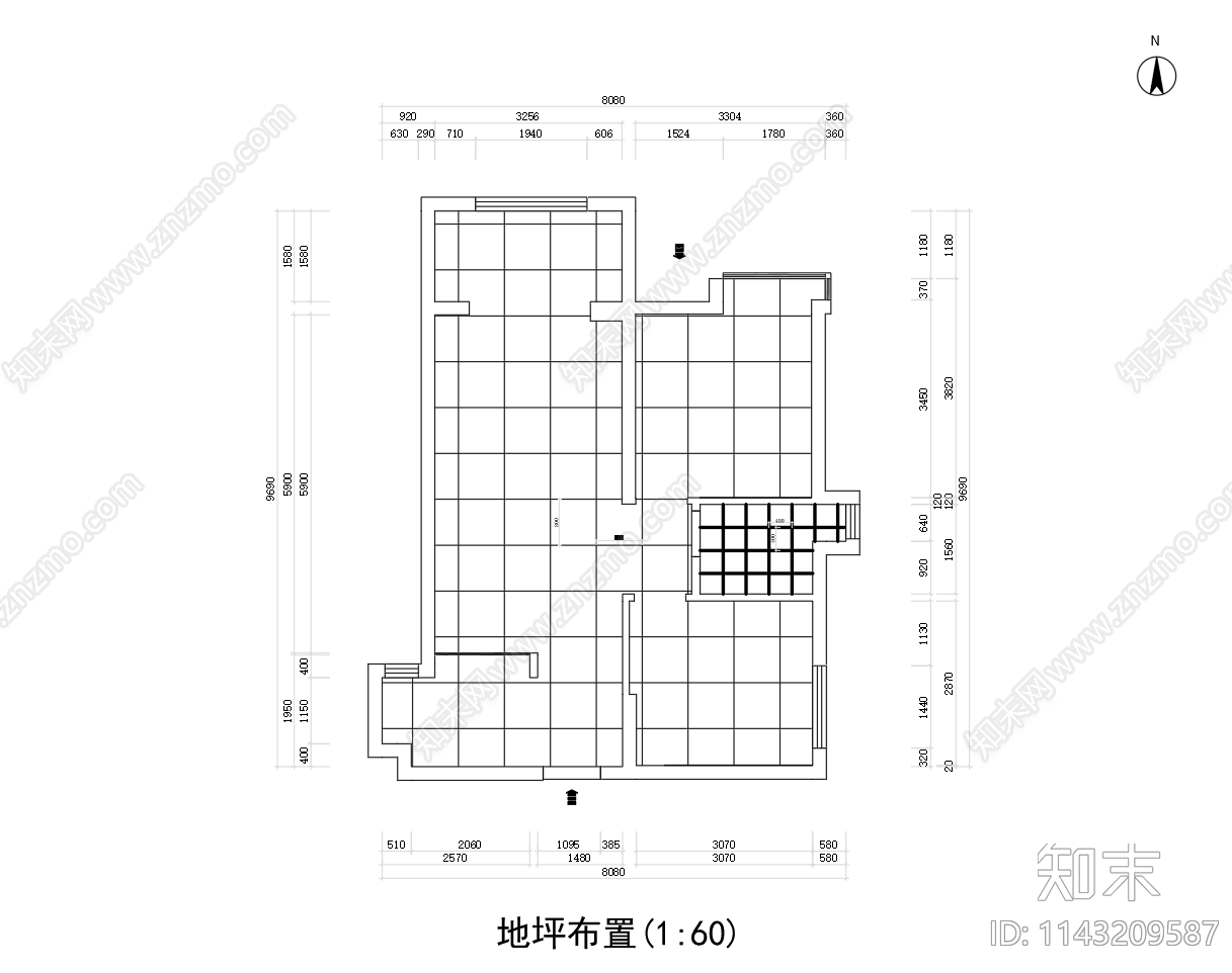 60㎡平层家装室内cad施工图下载【ID:1143209587】