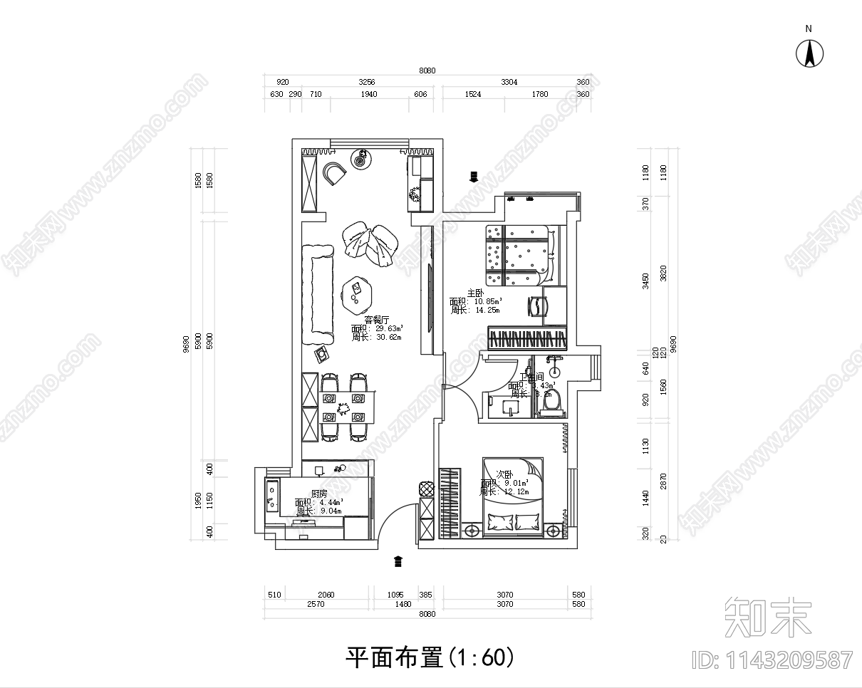 60㎡平层家装室内cad施工图下载【ID:1143209587】