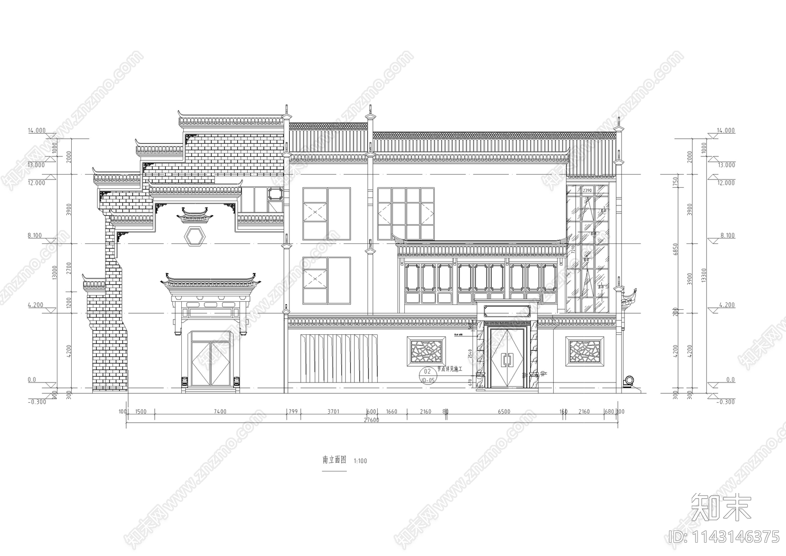 中式仿古建筑石材玻璃幕墙深化cad施工图下载【ID:1143146375】