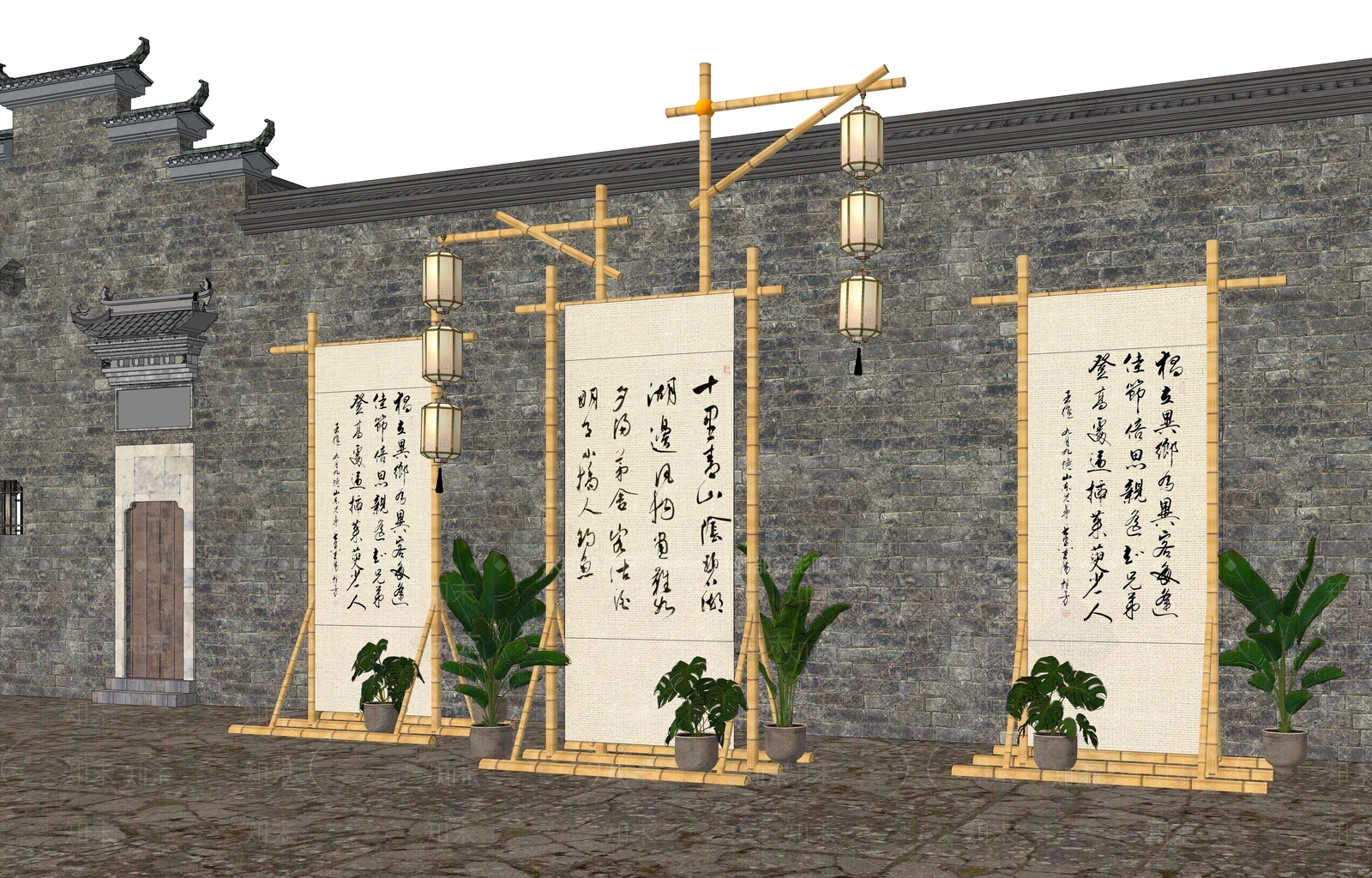 新中式竹构书法艺术美陈SU模型下载【ID:1143147285】