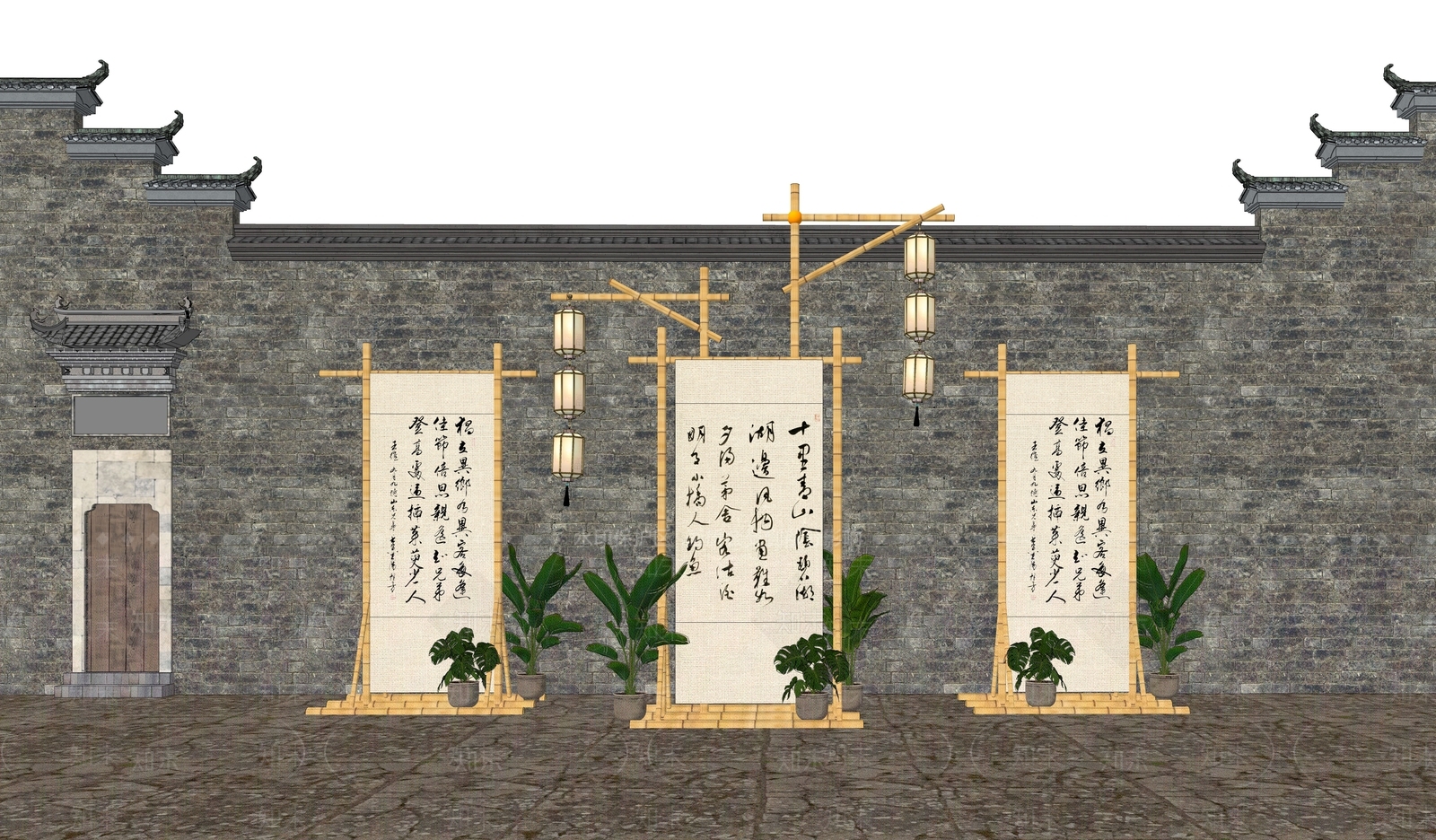 新中式竹构书法艺术美陈SU模型下载【ID:1143147285】