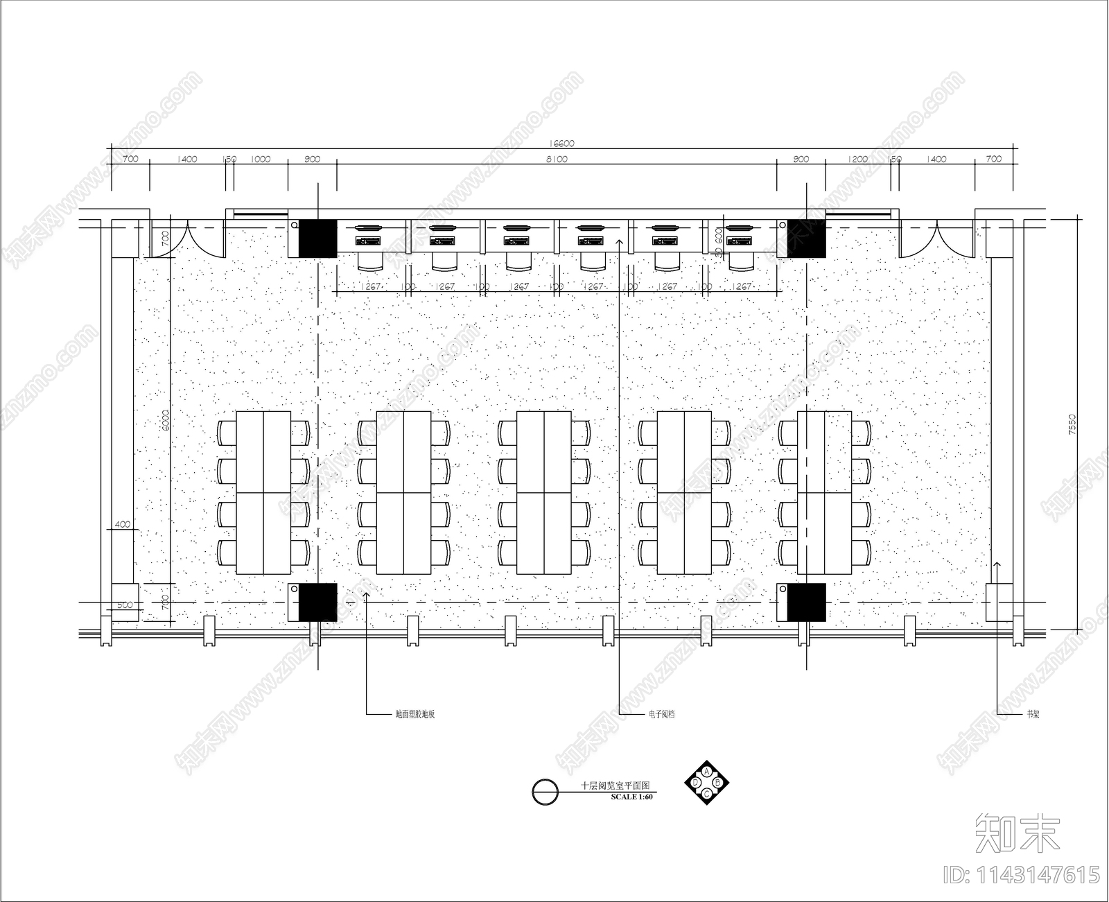 120平米阅览室装修施工图下载【ID:1143147615】