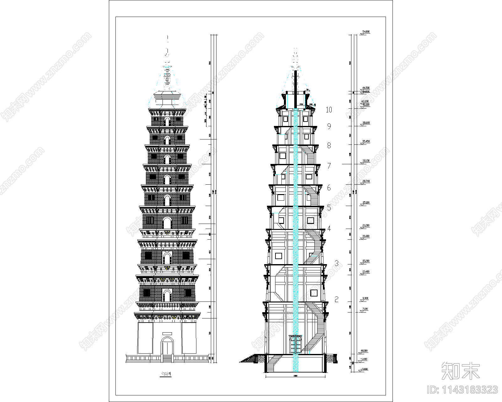 九层塔古建筑详图cad施工图下载【ID:1143183323】