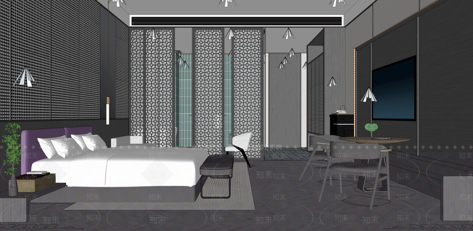 新中式风格酒店大床房SU模型下载【ID:1143191571】