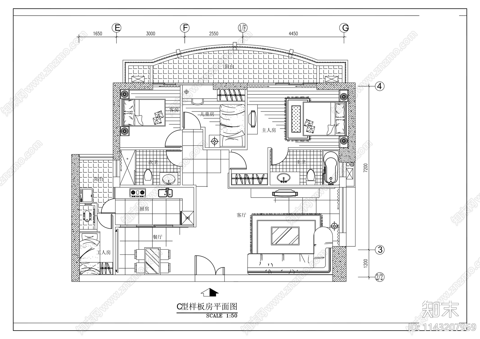 平层家装室内装修cad施工图下载【ID:1143207959】