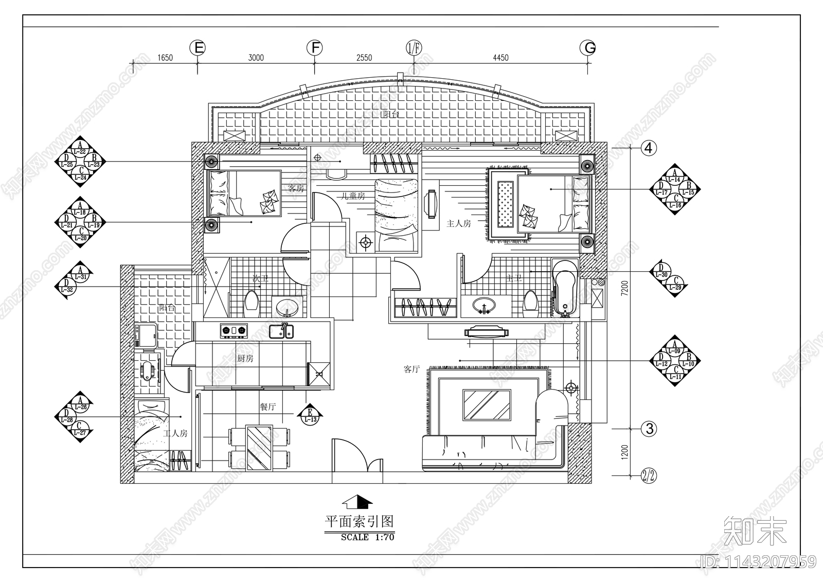 平层家装室内装修cad施工图下载【ID:1143207959】