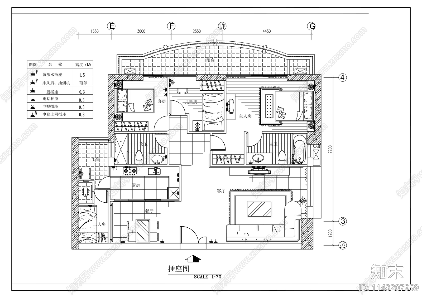 平层家装室内装修cad施工图下载【ID:1143207959】