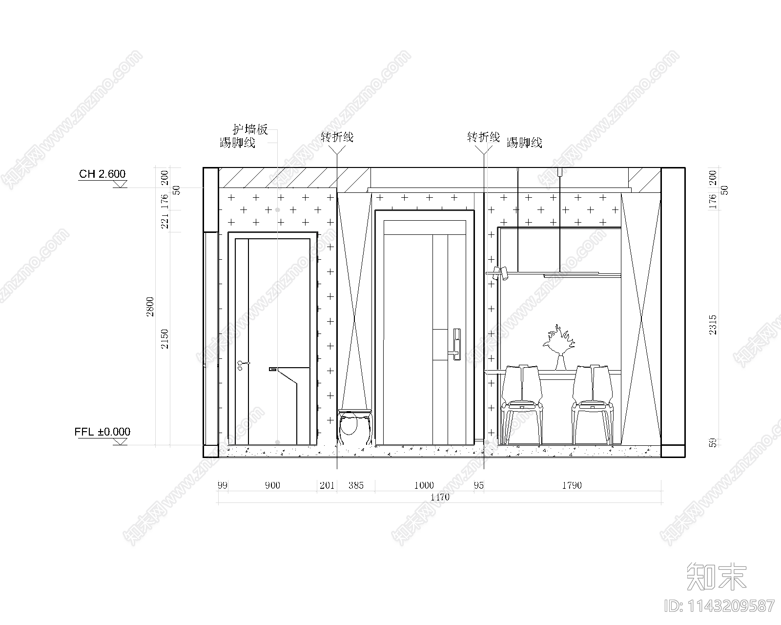 60㎡平层家装室内cad施工图下载【ID:1143209587】