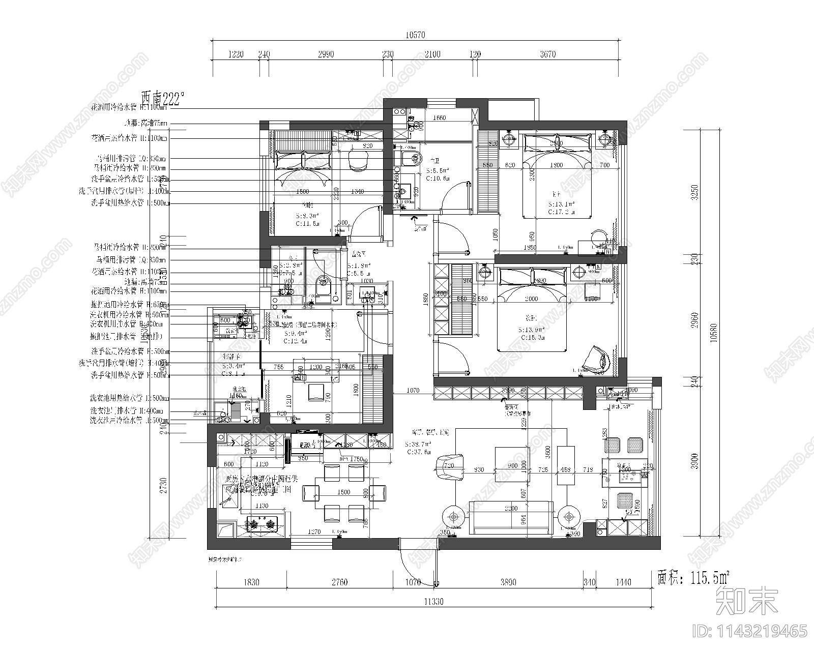 120㎡四居室平层家装cad施工图下载【ID:1143219465】