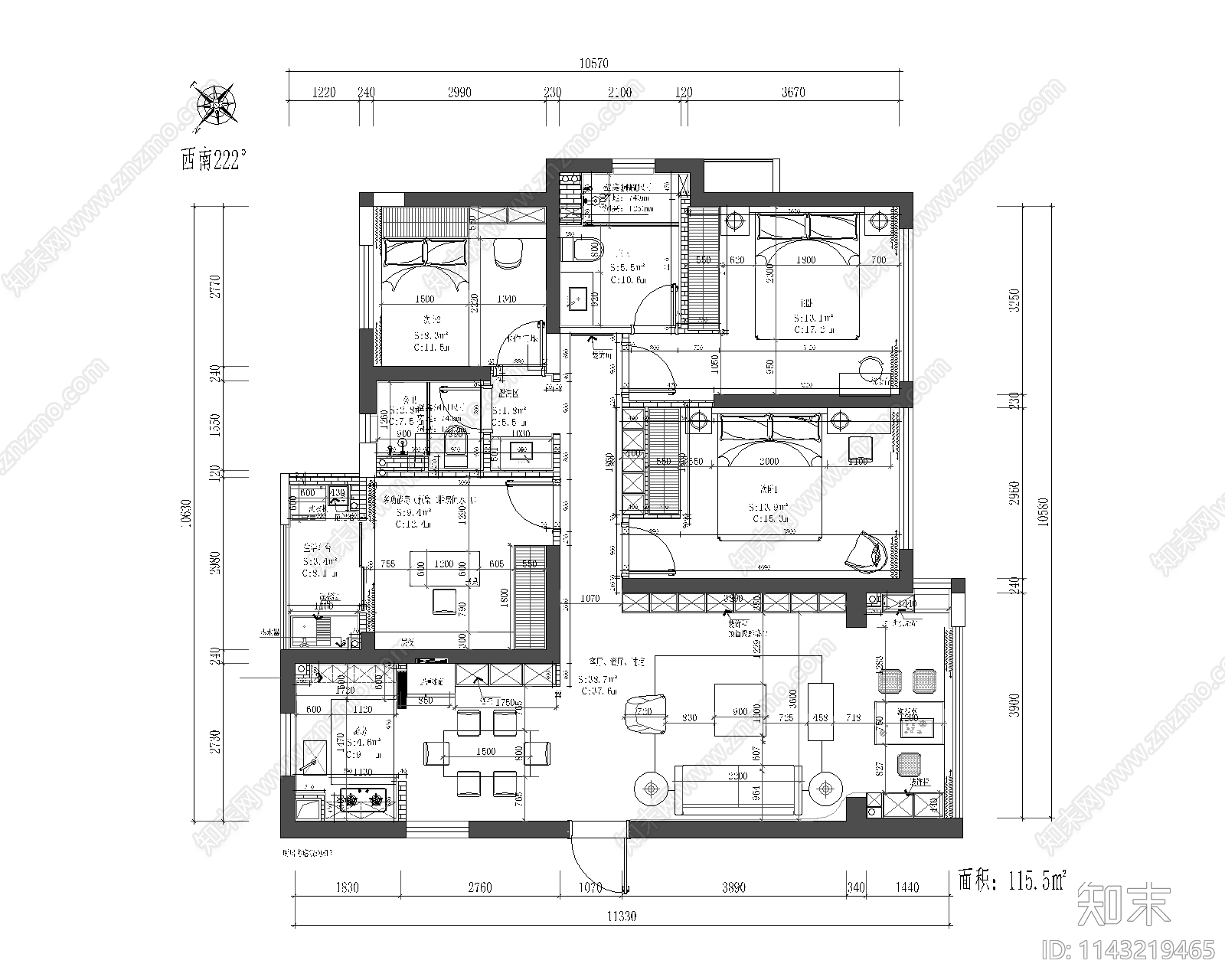 120㎡四居室平层家装cad施工图下载【ID:1143219465】