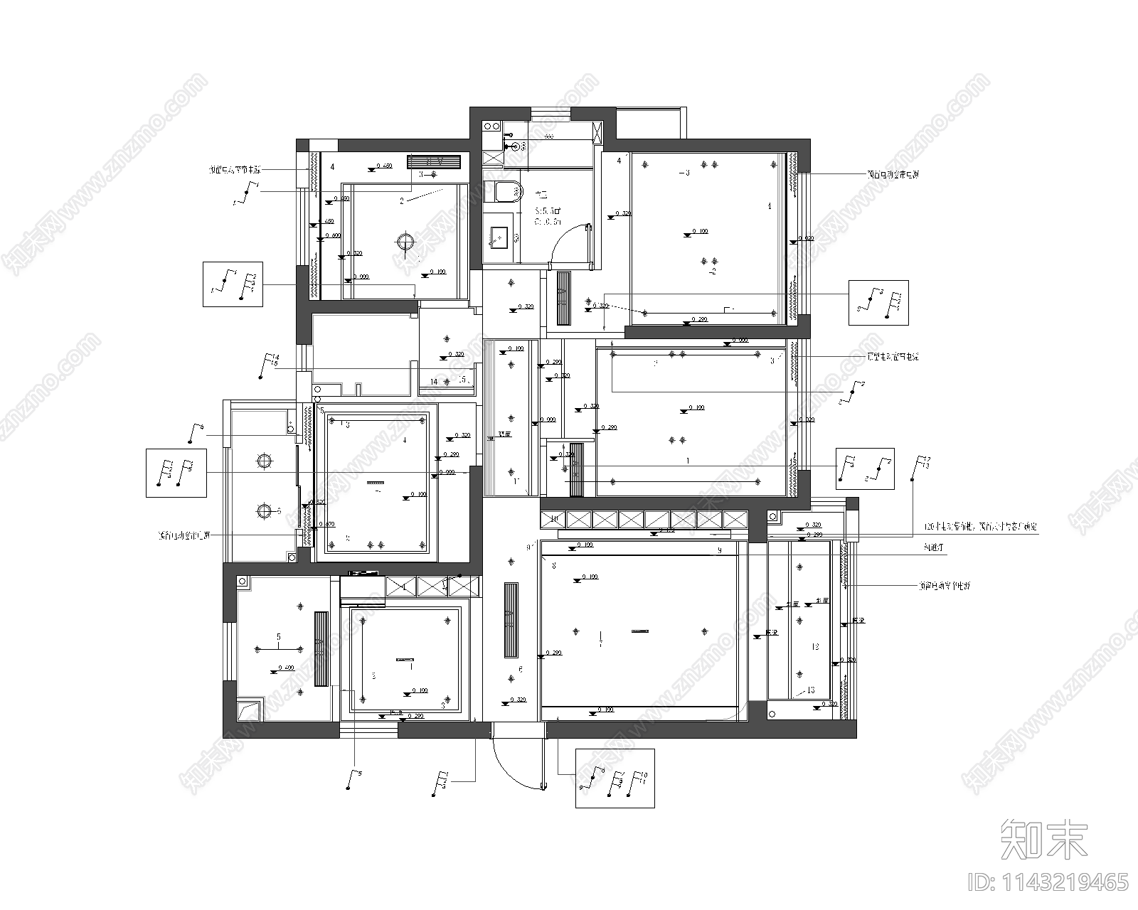 120㎡四居室平层家装cad施工图下载【ID:1143219465】