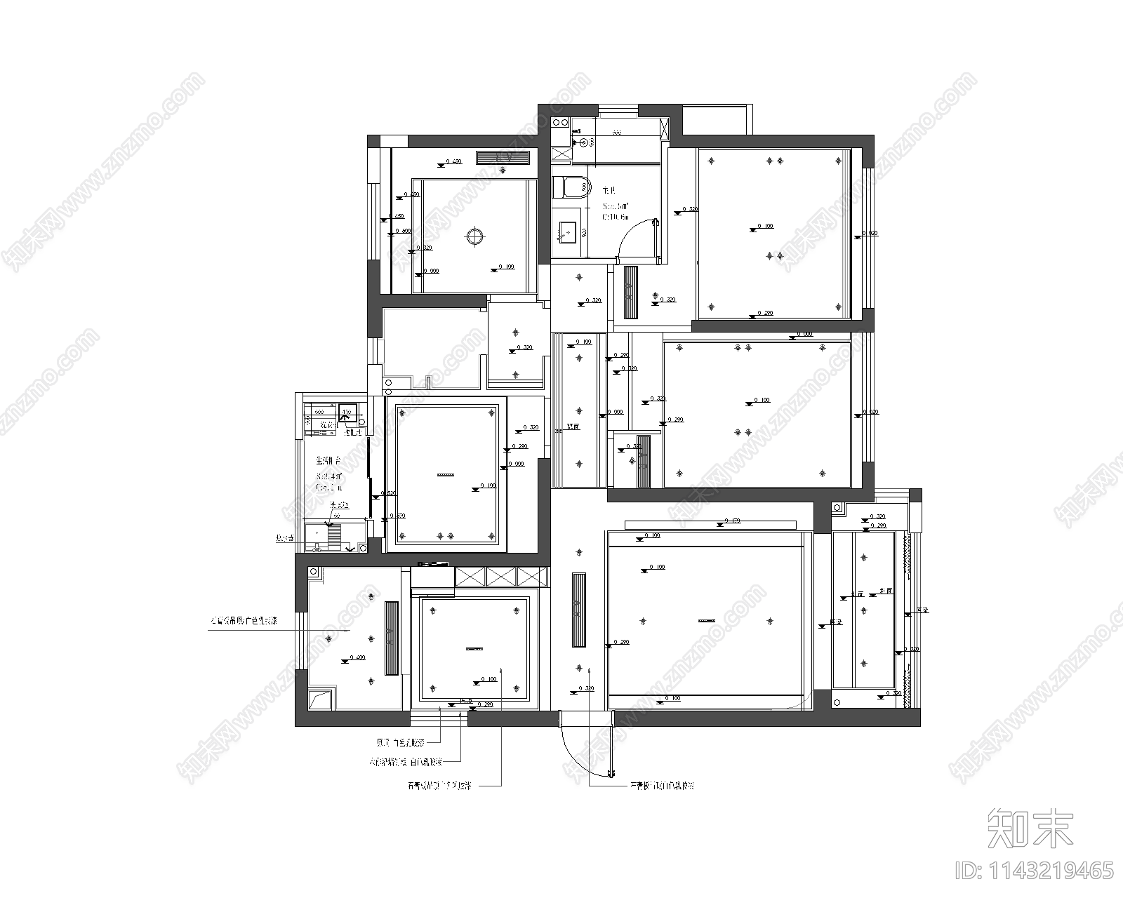 120㎡四居室平层家装cad施工图下载【ID:1143219465】