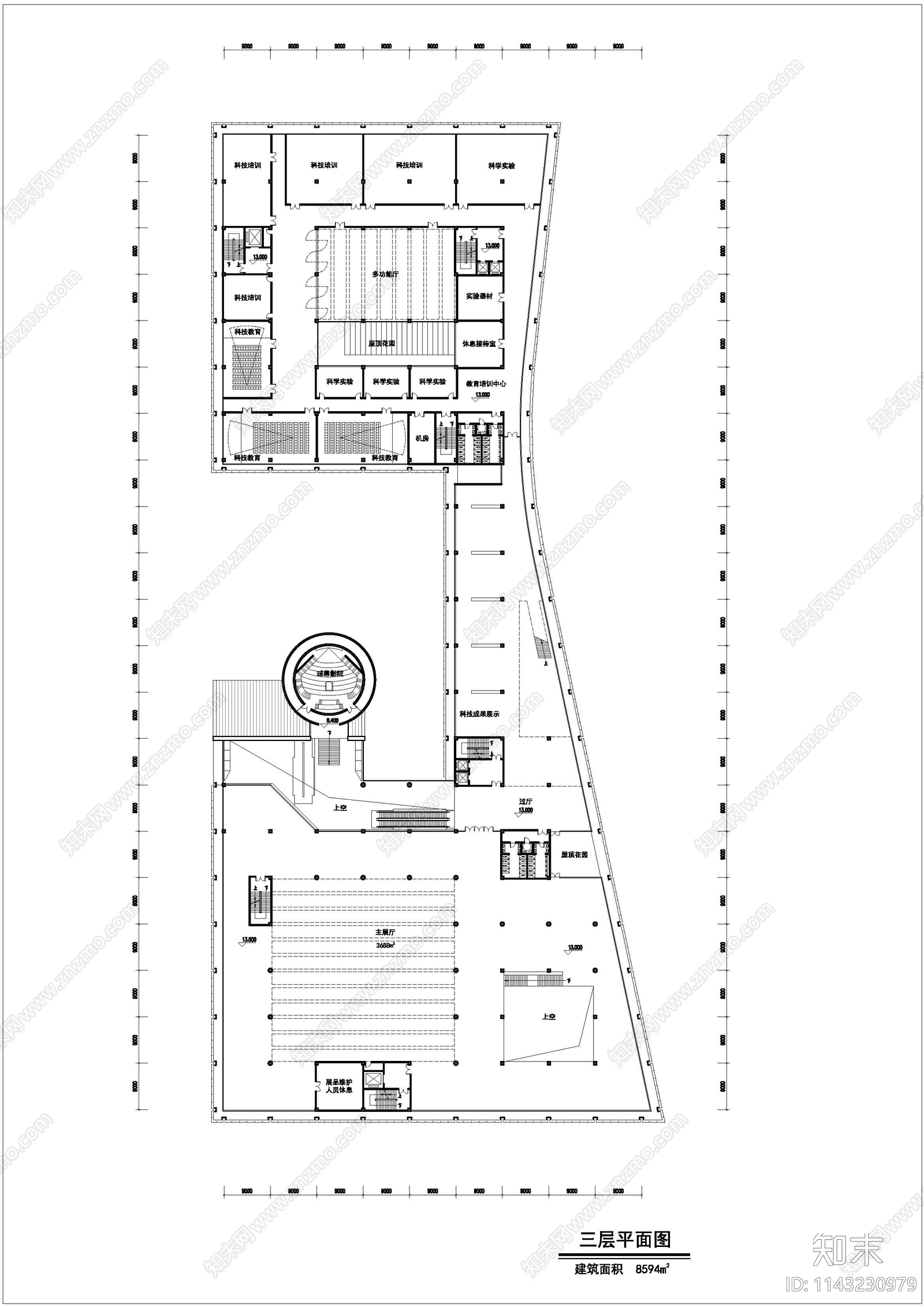 科技馆建筑平面图cad施工图下载【ID:1143230979】