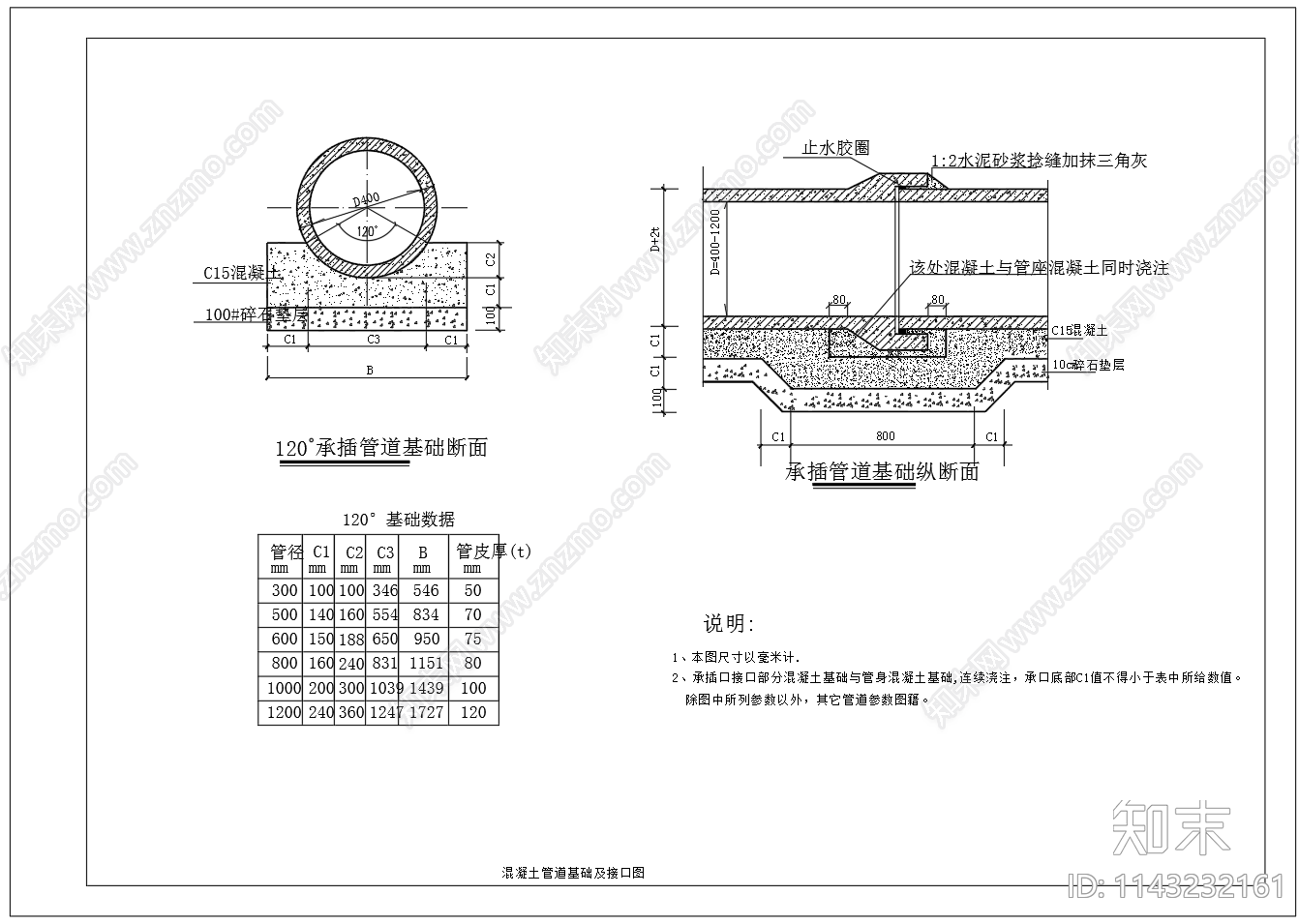 承插管道基础cad施工图下载【ID:1143232161】