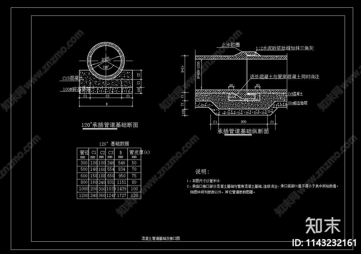 承插管道基础cad施工图下载【ID:1143232161】