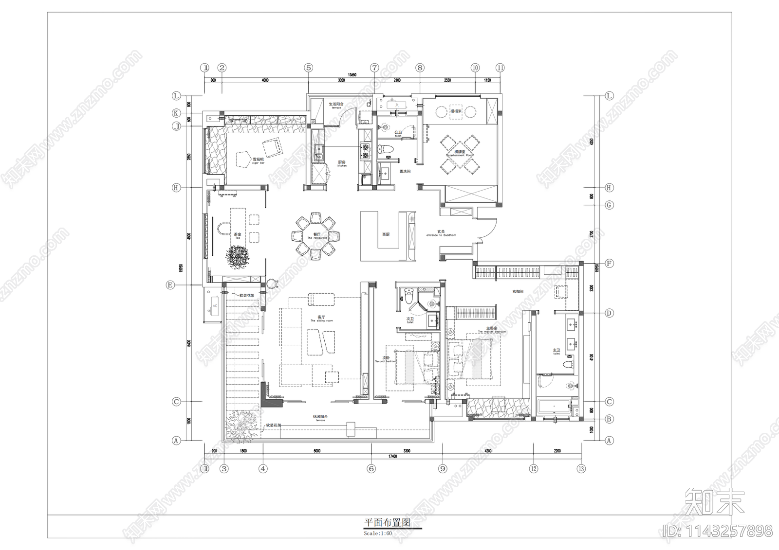 240家装大平层四房样板间室内装修cad施工图下载【ID:1143257898】