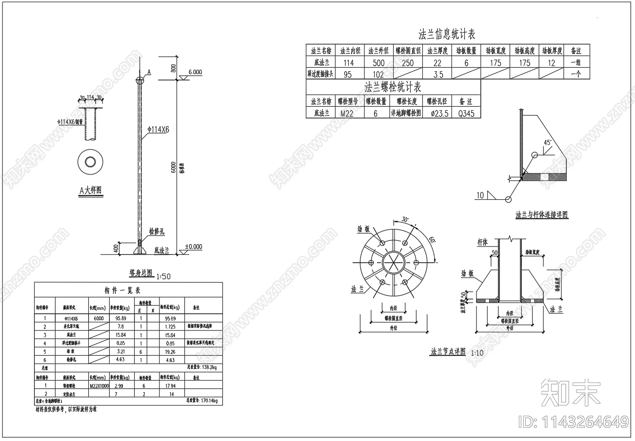 6米9米通信路灯杆基础cad施工图下载【ID:1143264649】