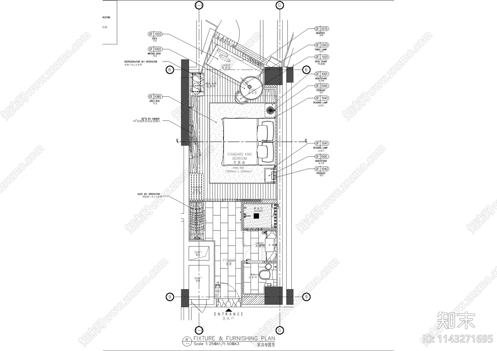 酒店大床房客房装修cad施工图下载【ID:1143271695】