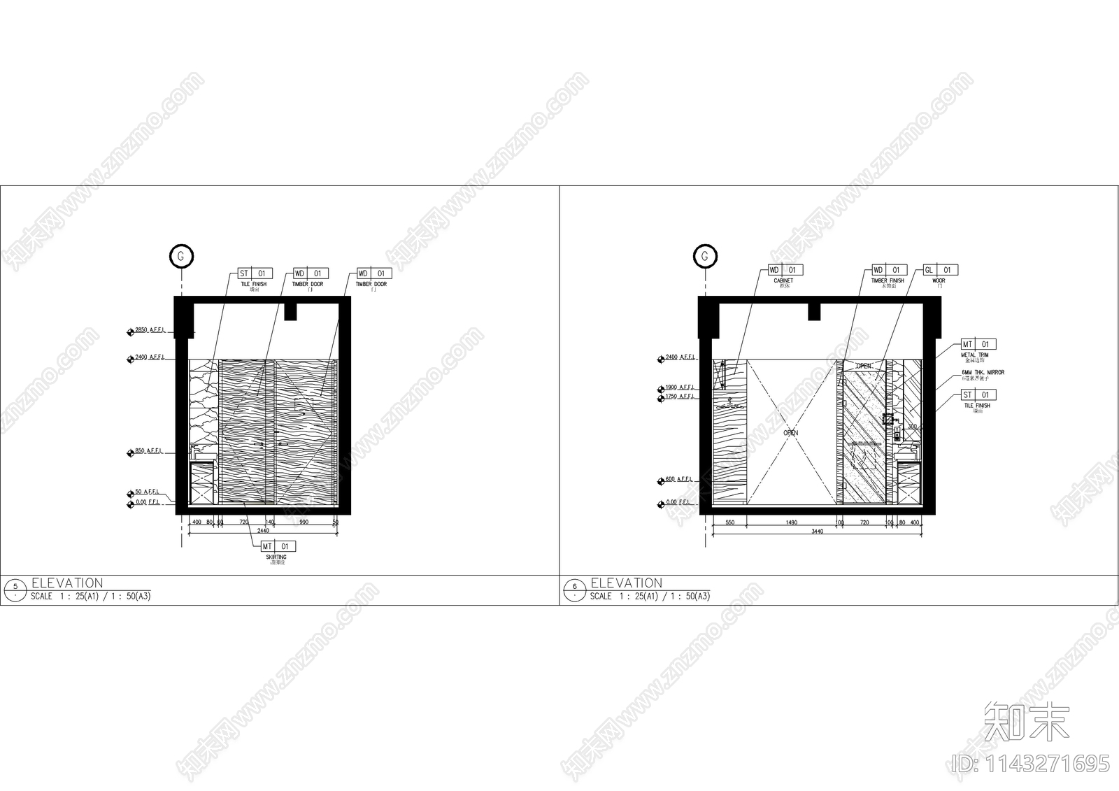 酒店大床房客房装修cad施工图下载【ID:1143271695】