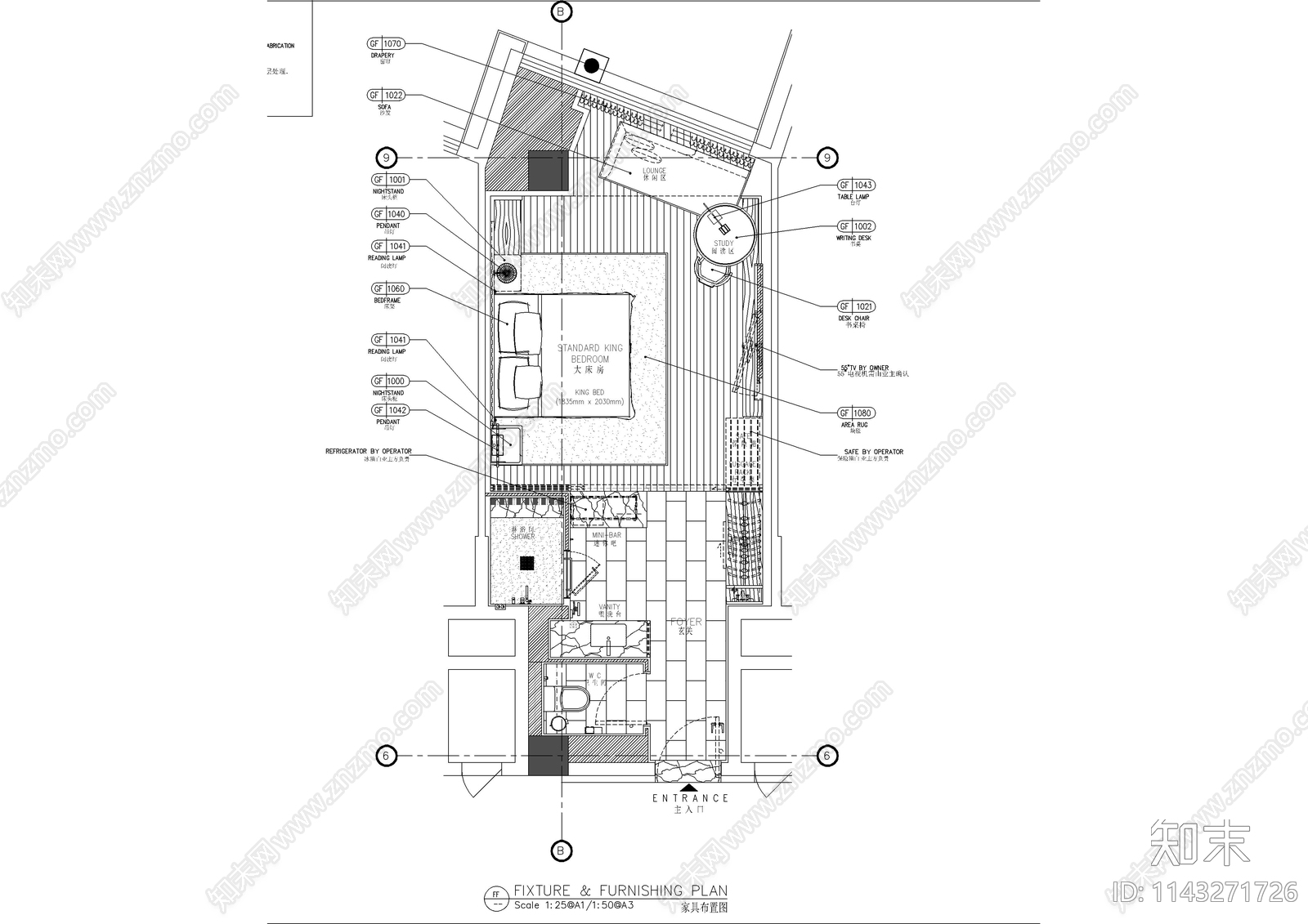 酒店现代单人房客房装修施工图下载【ID:1143271726】