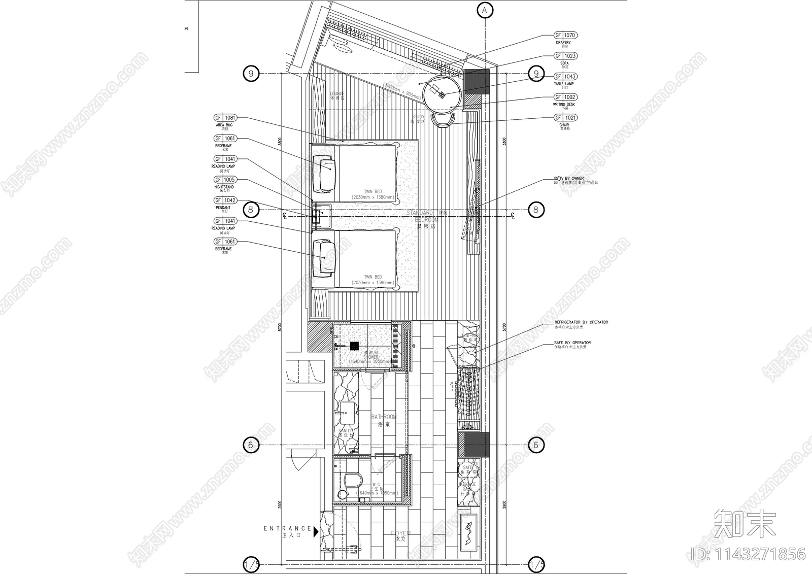 五星级酒店双人客房装修cad施工图下载【ID:1143271856】