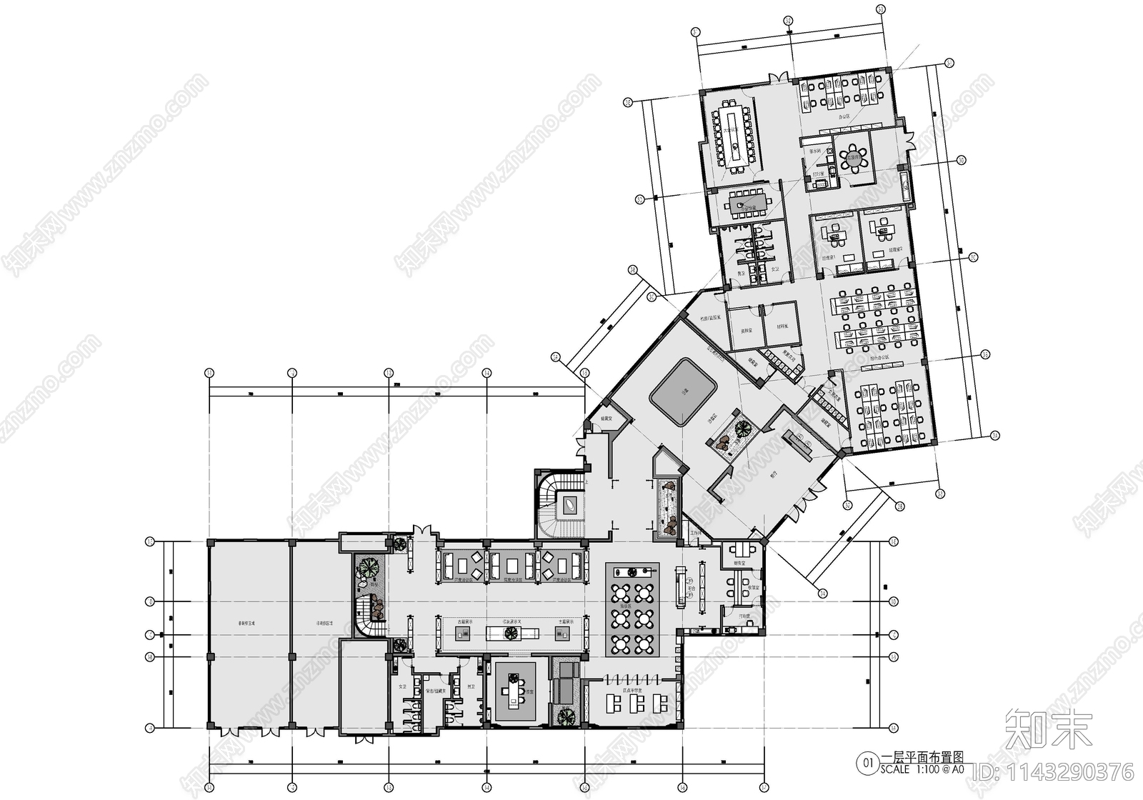 1500㎡售楼处及办公室室内装修cad施工图下载【ID:1143290376】