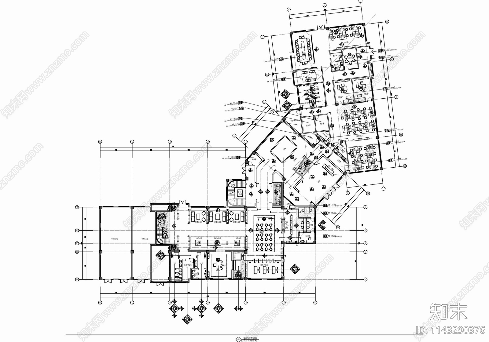 1500㎡售楼处及办公室室内装修cad施工图下载【ID:1143290376】