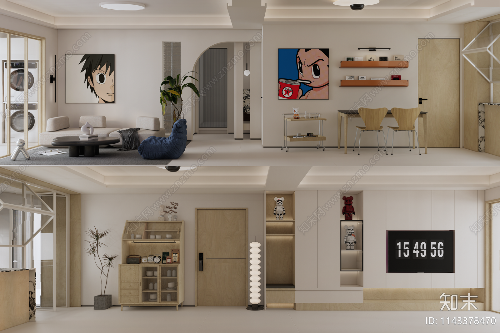 极简原木风平层家装室内装修施工图下载【ID:1143378470】