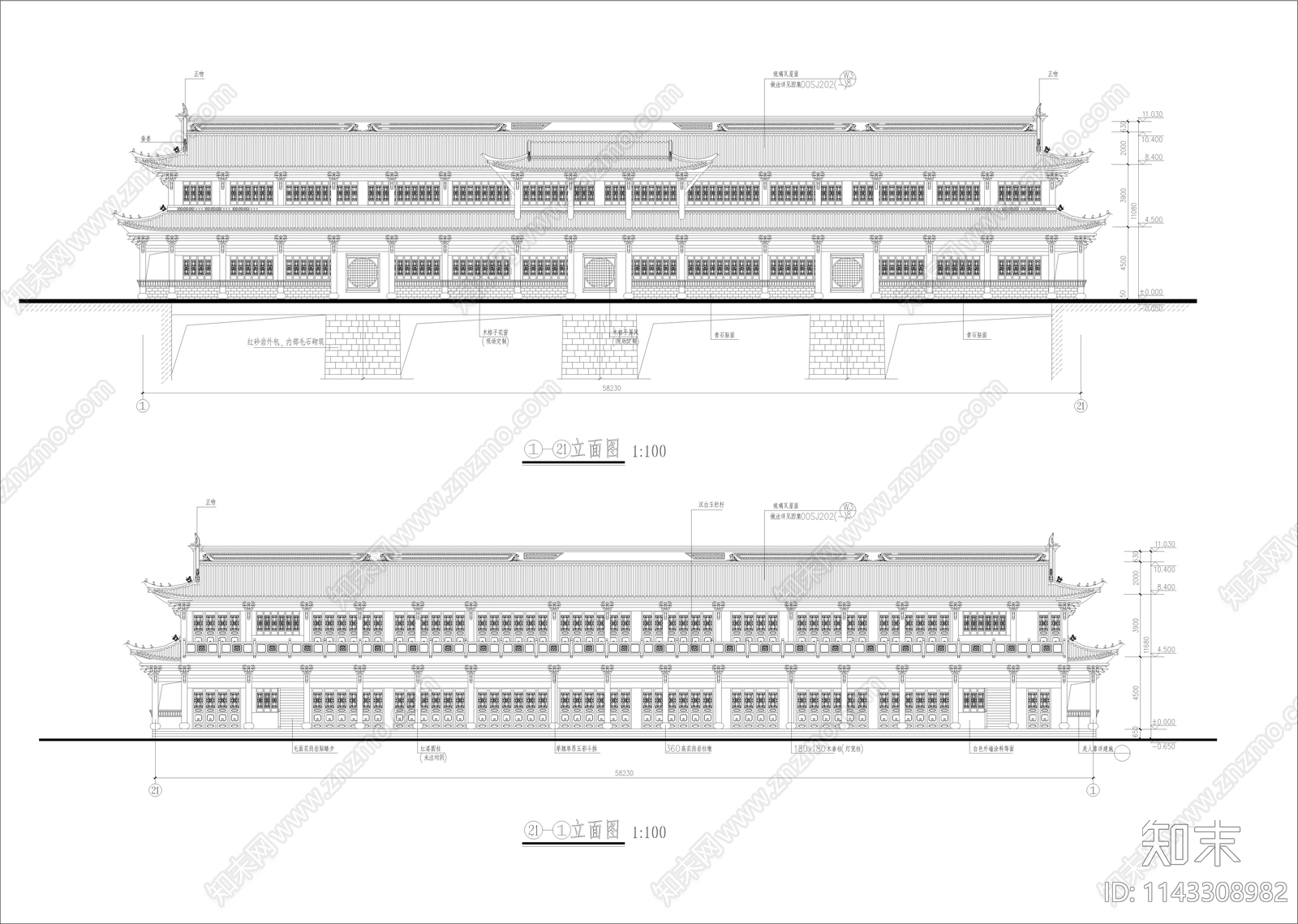 仿古廊建筑cad施工图下载【ID:1143308982】