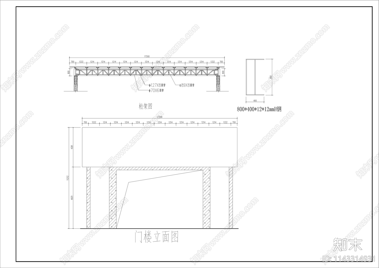 门楼建筑cad施工图下载【ID:1143314931】