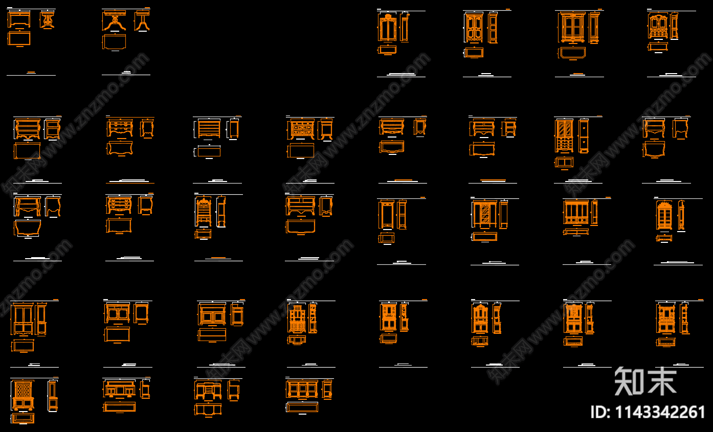 欧式家具三视图CAD图库施工图下载【ID:1143342261】