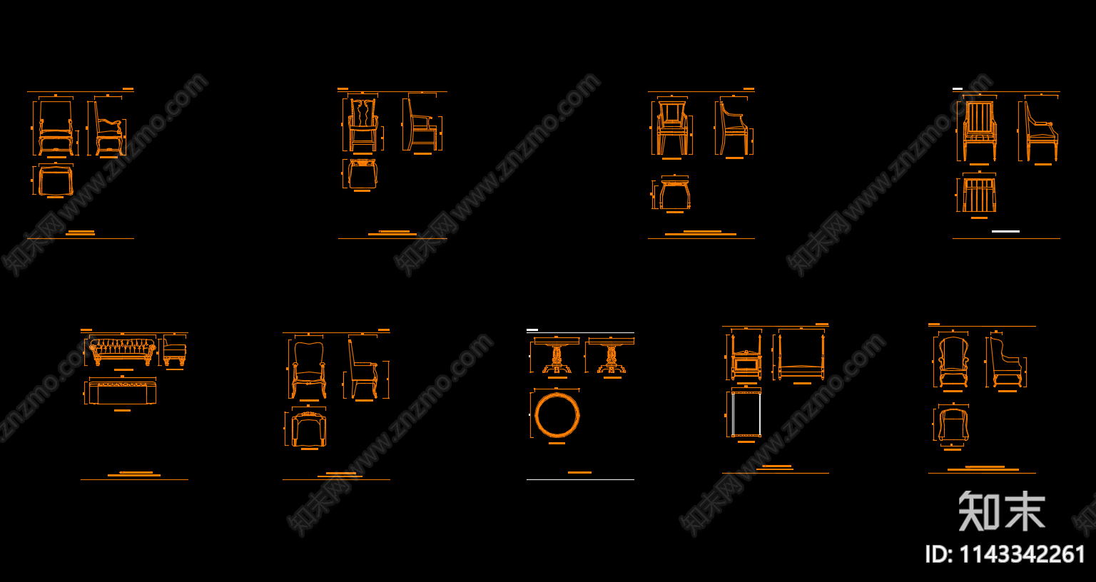 欧式家具三视图CAD图库施工图下载【ID:1143342261】