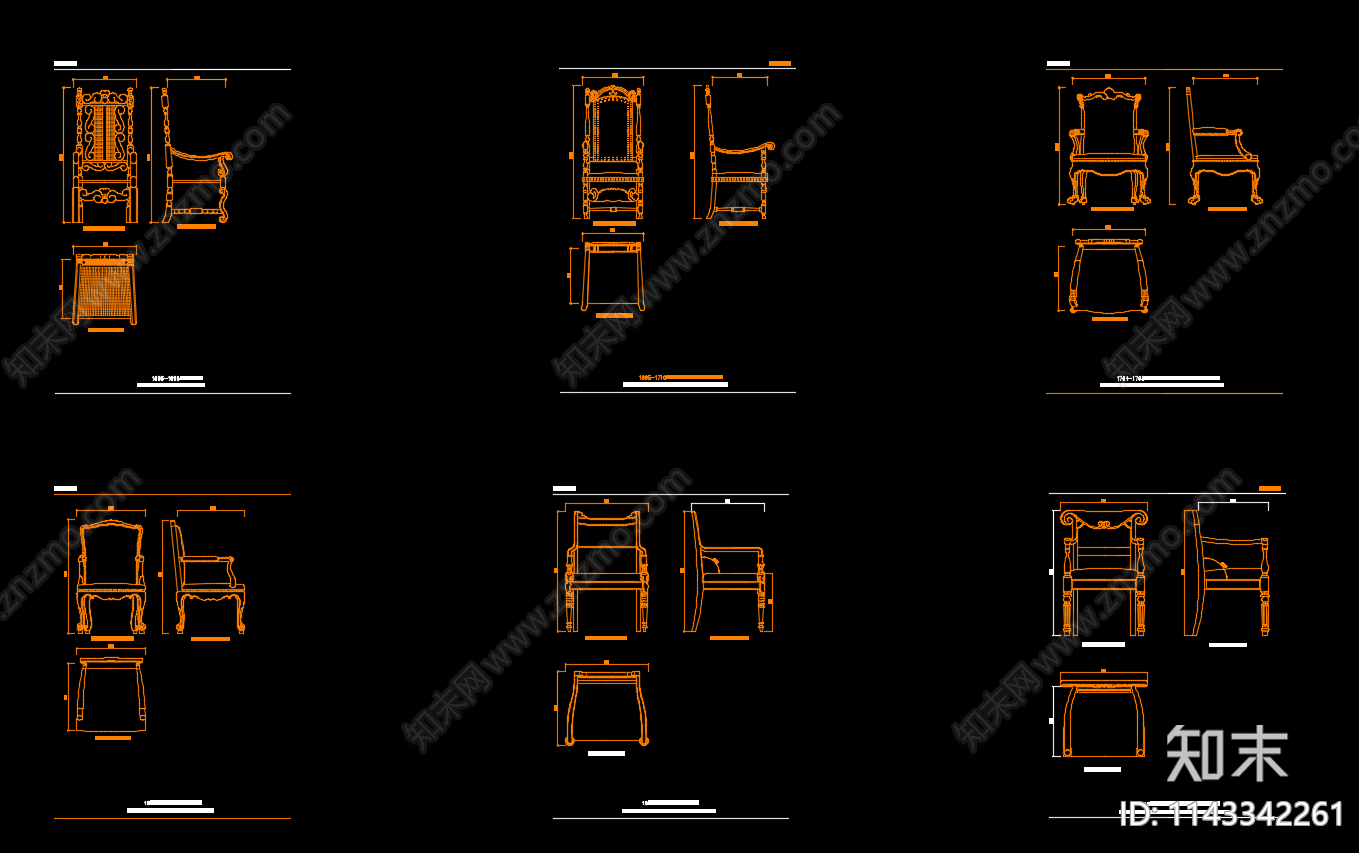 欧式家具三视图CAD图库施工图下载【ID:1143342261】