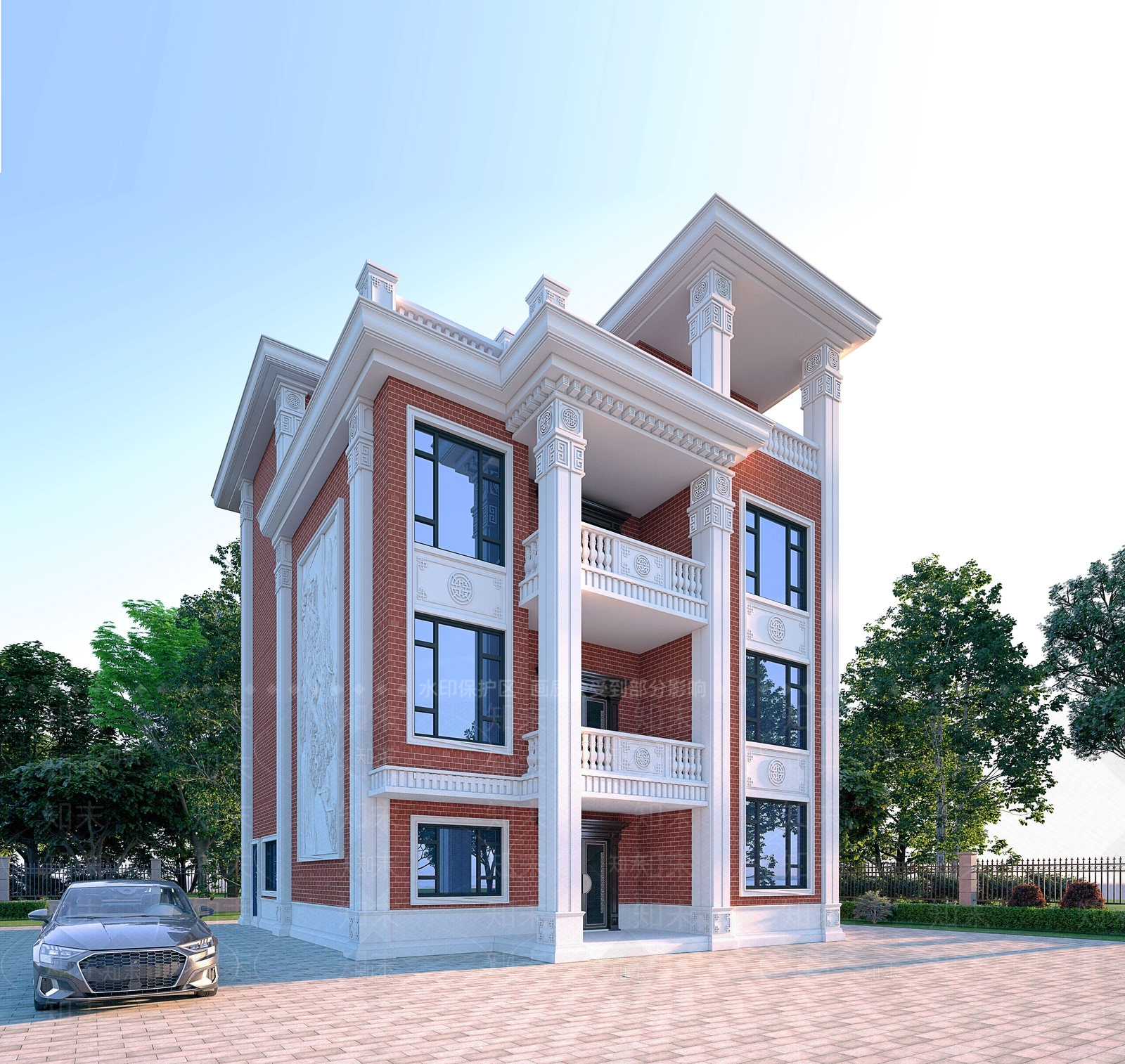 新中式红砖石材别墅外观3D模型下载【ID:1143366931】