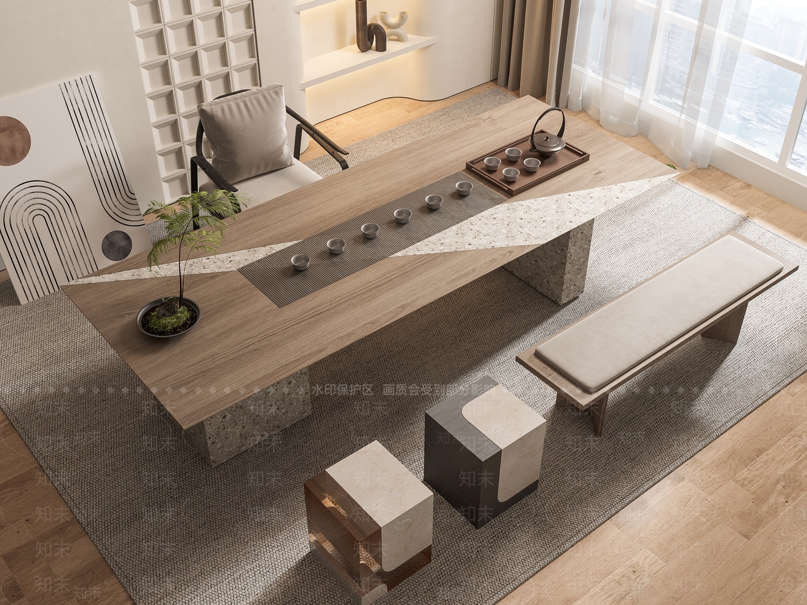 现代茶桌椅3D模型下载【ID:1143367124】