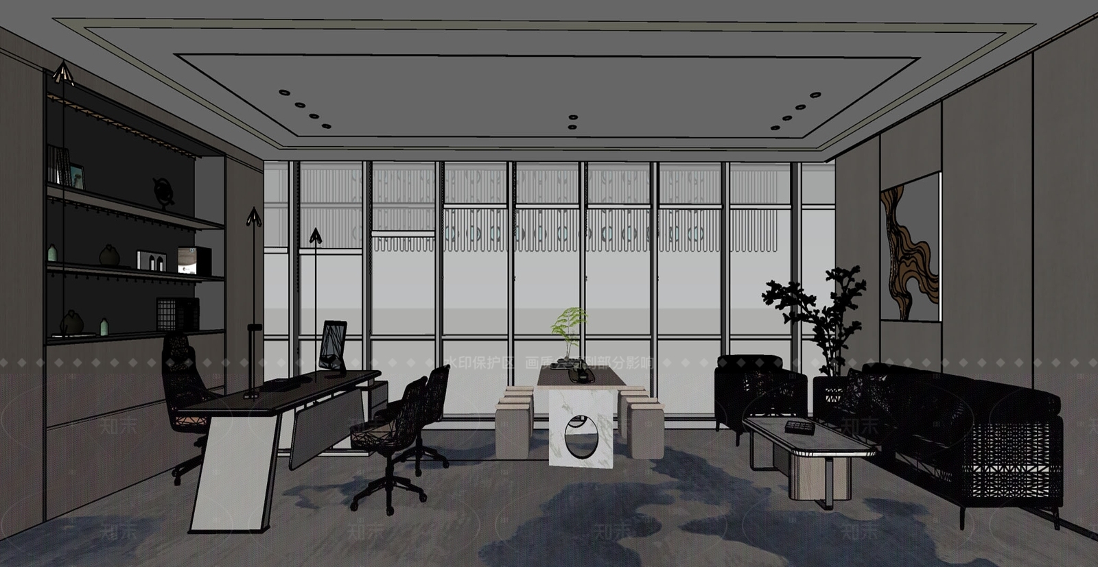 新中式办公区SU模型下载【ID:1216000650】