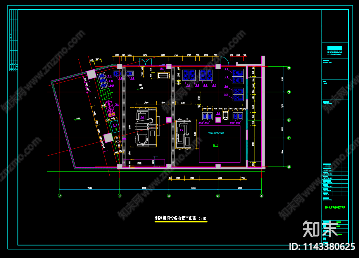 酒店制冷机房设备布置系统cad施工图下载【ID:1143380625】